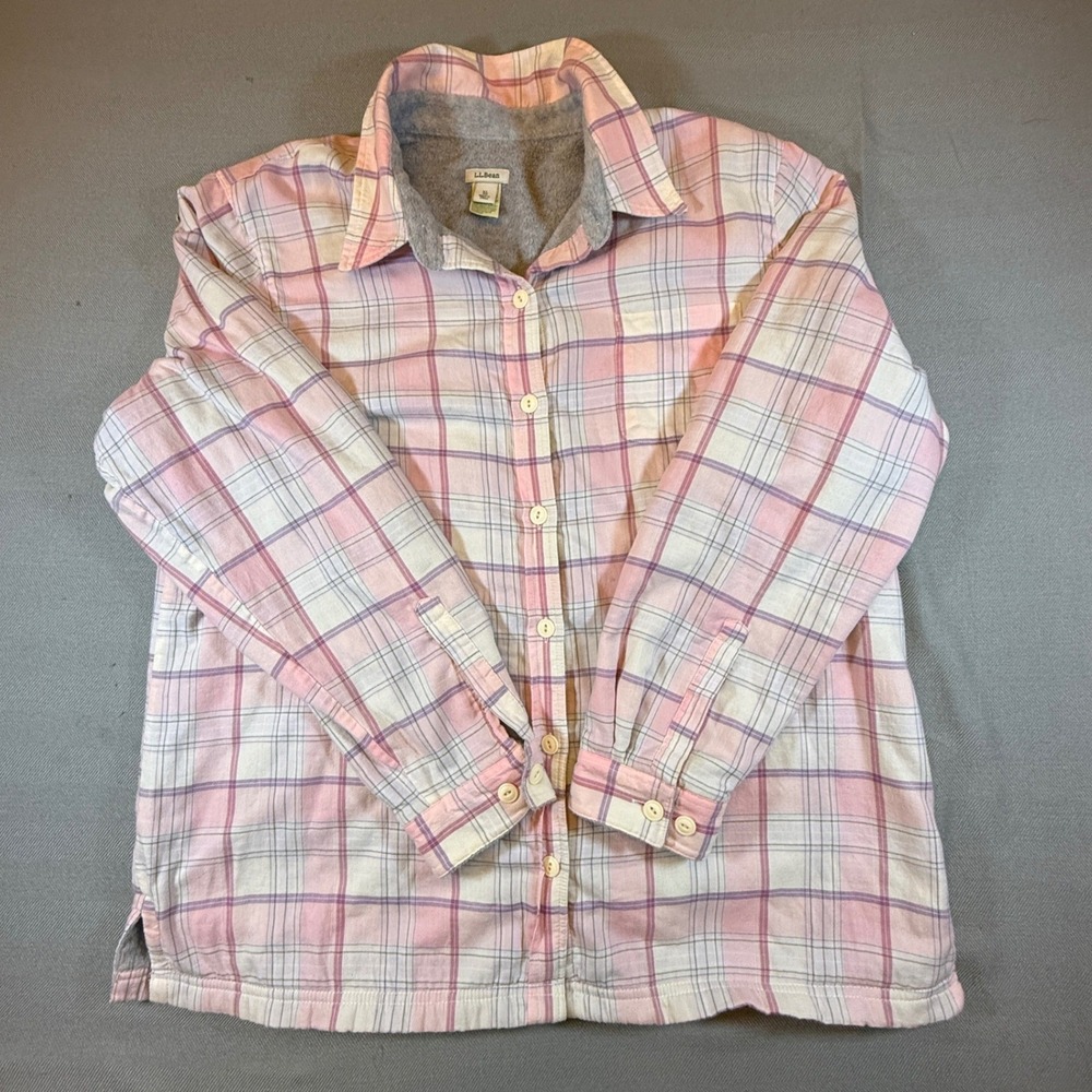 LL Bean Fleece Lined Flannel Shirt Jacket Pink Plaid XL 285013 Womens 2333